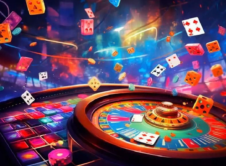 Ruang kasino virtual dengan dealer live yang sedang mengocok kartu di depan kamera